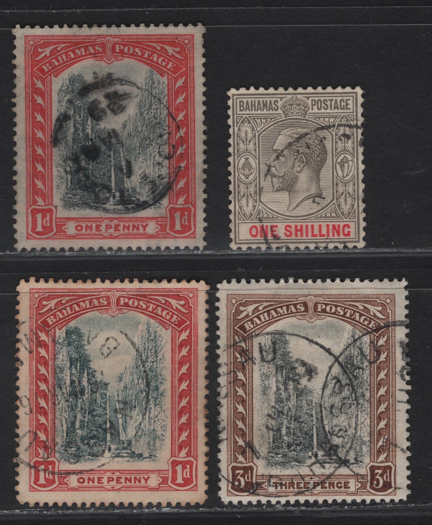 Lot 337 Bahamas SG#75b, 77, 111, 123 1d - 1/- Deep Carmine Red 7 Bray Black - Brownish Gray Carmine Queens Staircase - King George V, 1911-1937 Queens Staircase - KGV Keyplate Issue, 4 Fine/Very Fine Used Singles, Script CA Wmk