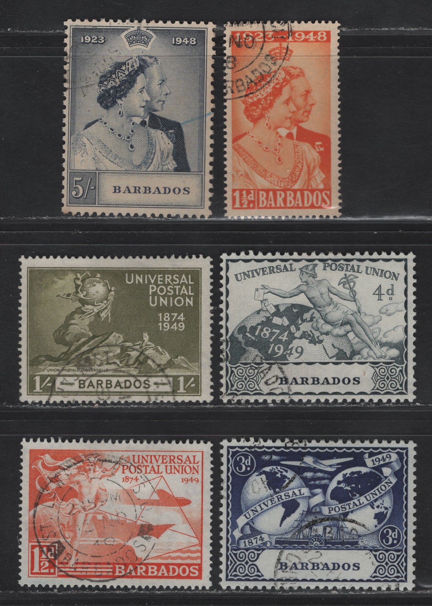 Lot 353 (C)Barbados SG#265-270 1.5d - 1/- Orange - Olive King George VI & Queen Elizabeth - Monument, 1948-1949 Silver Wedding - UPU Issues, 6 Fine/Very Fine Used Singles