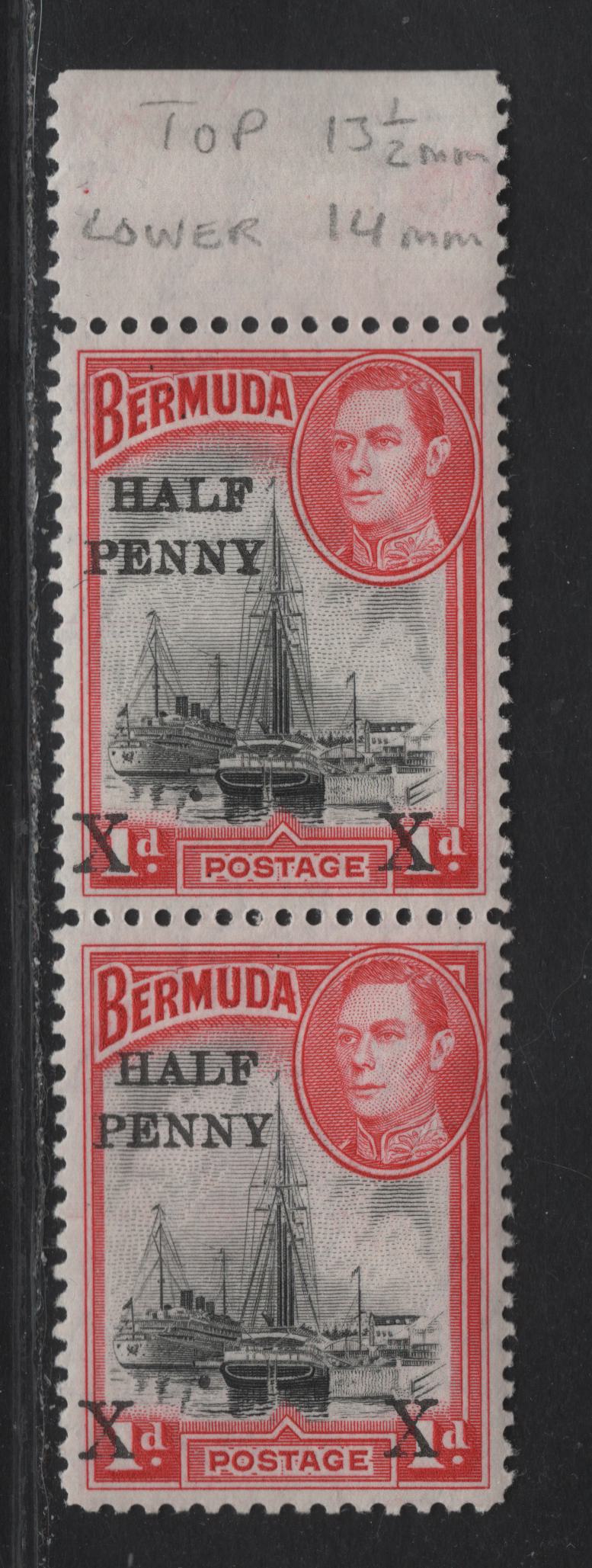 Lot 377 Bermuda SG#122 1/2d on 1d Black & Rose Red Ships, 1938-1953 Surcharge Issue, A VFNH Top Sheet Margin Pair, Showing 13.5mm Spacing Between Penny & X On Top Stamp, 14mm On Bottom