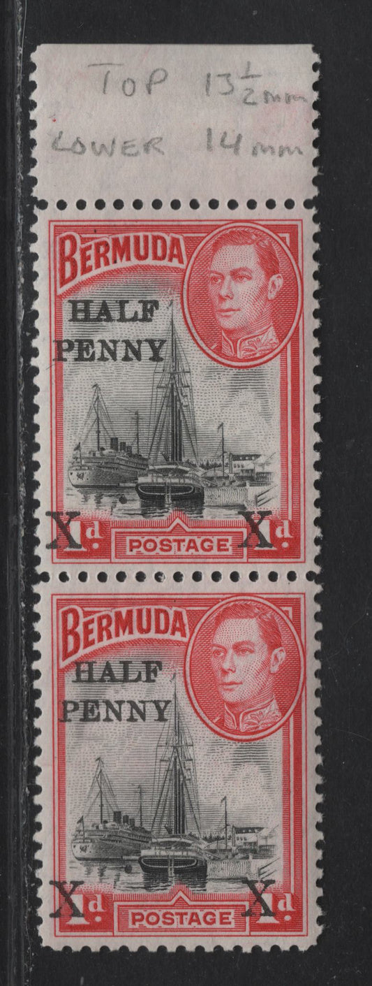 Lot 377 Bermuda SG#122 1/2d on 1d Black & Rose Red Ships, 1938-1953 Surcharge Issue, A VFNH Top Sheet Margin Pair, Showing 13.5mm Spacing Between Penny & X On Top Stamp, 14mm On Bottom