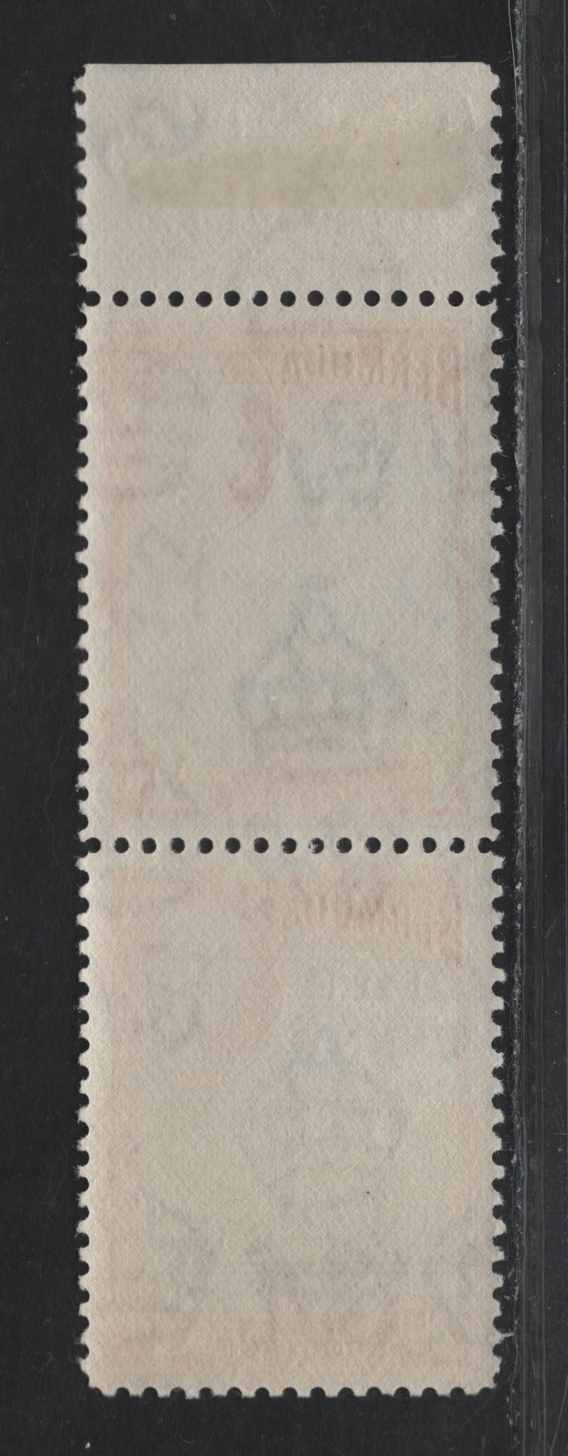 Lot 377 Bermuda SG#122 1/2d on 1d Black & Rose Red Ships, 1938-1953 Surcharge Issue, A VFNH Top Sheet Margin Pair, Showing 13.5mm Spacing Between Penny & X On Top Stamp, 14mm On Bottom