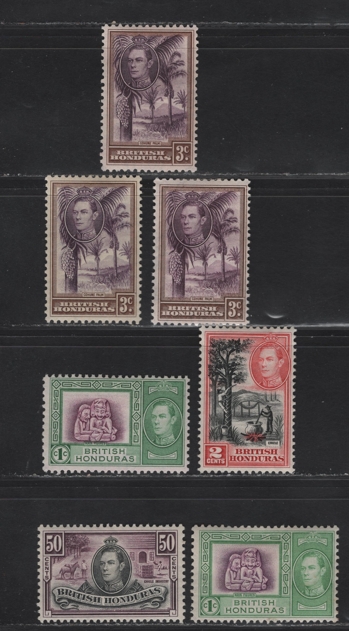 Lot 397 British Honduras SG#150-152, 158 1c - 50c Bright Magenta & Green - Black & Purple Maya Figures - Chicle Industry, 1938-1947 KGVI Pictorial Issue, 4 F/VFOG Singles, 50c is 1938 Printing, Rest Are Wartime or Postwar Printings