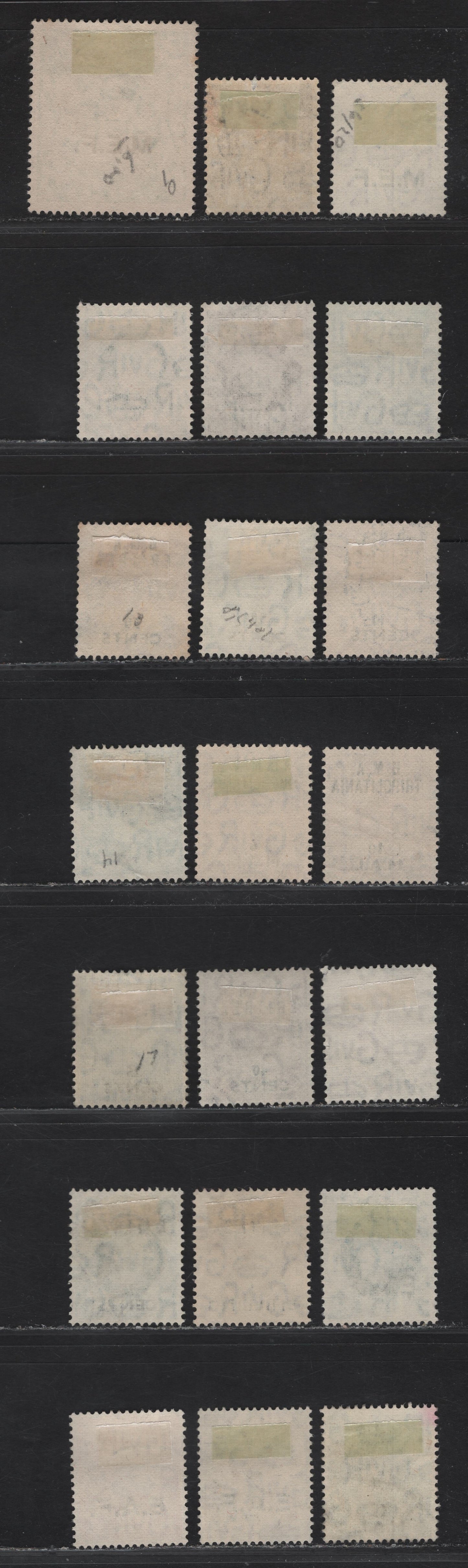 Lot 402 British Occupation of Italian Colonies SG#M14, M16-M19, E4, E6-E8. E13. E16. E18-E19, E22, E24, S2, S5, S7, T6-T7, T9 3d - 18l on 9d Pale Violet - Deep Olive Green King George VI , 1942-1950 Overprinted Issue, 21 Fine/Very Fine Used Singles