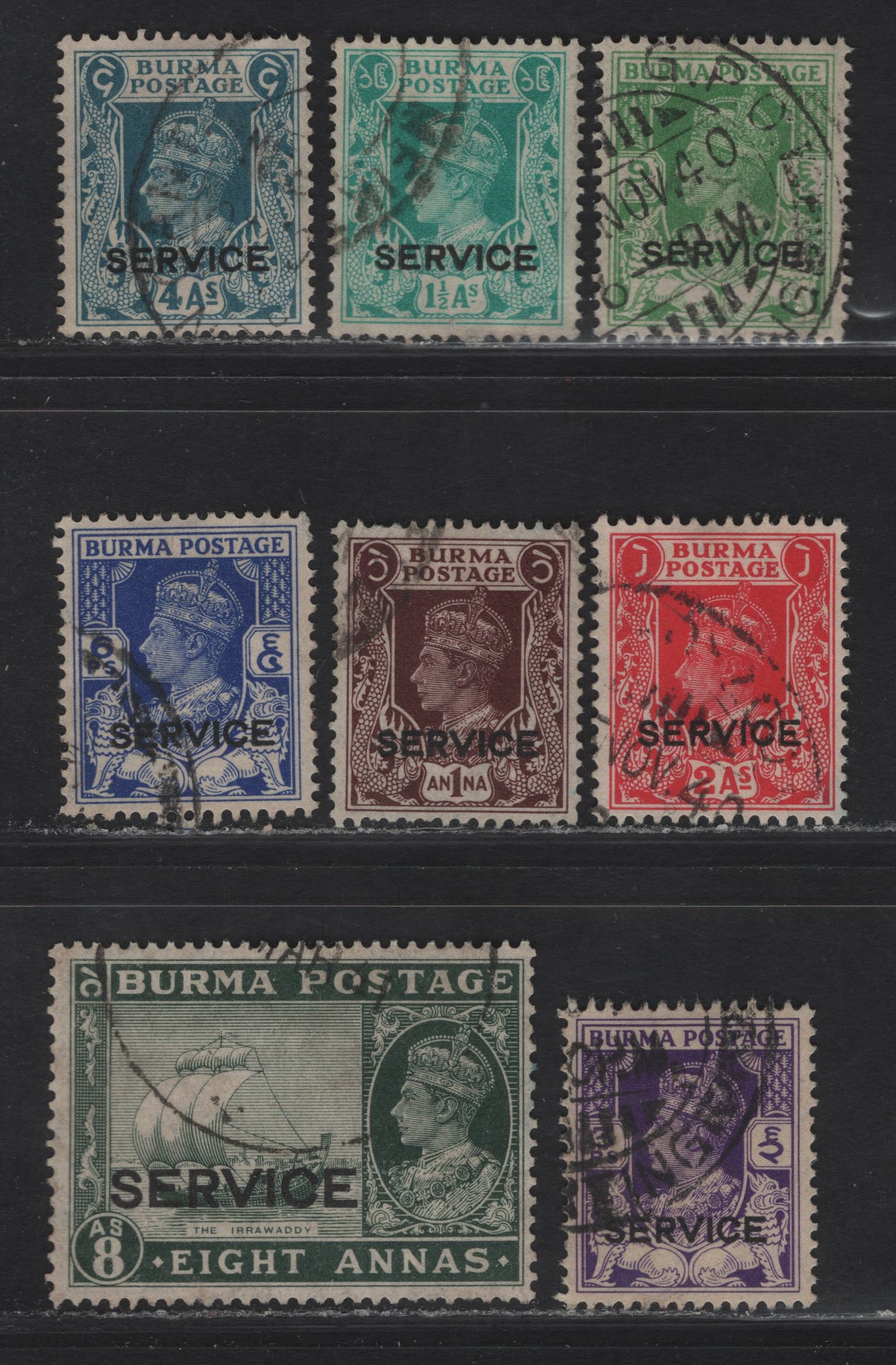 Burma SG#O15-O20, O22-O23 3p - 8a Bright Violet - Myrtle Green , 1939 Service Overprinted KGVI Definitive Issue, 8 Fine/Very Fine Used Singles