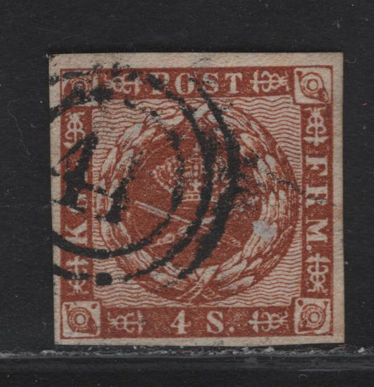 Lot 5 Denmark SC#7 4s Yellow Brown Arms, 1858-1862 Arms Issue, A Very Fine Used Single, #44 Nestved Cancel