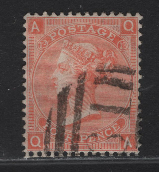 Lot 51 Great Britain SC#43 4d Vermillion Queen Victoria, 1865 Queen Victoria Issue, A Very Fine Used Single, Plate 13, Large White, Perfs Clear Of Design On All Sides.