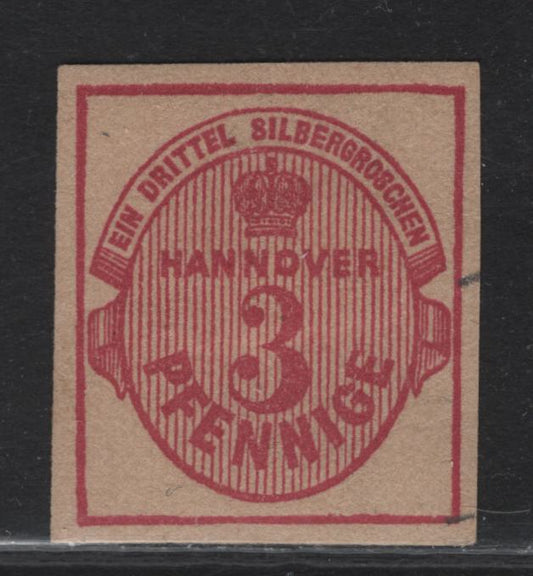 Lot 57 Hannover SC#16a 3pf Carmien Rose Numeral, 1859-1863 Numeral Issue, A VFOG Imperf Single, Without Network