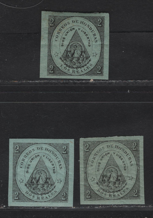 Lot 58 Honduras SC#1 2r Black on Green Arms, 1865 Coat of Arms Issue, 3 VFOG Imperf Singles, Different Shades of Green Paper