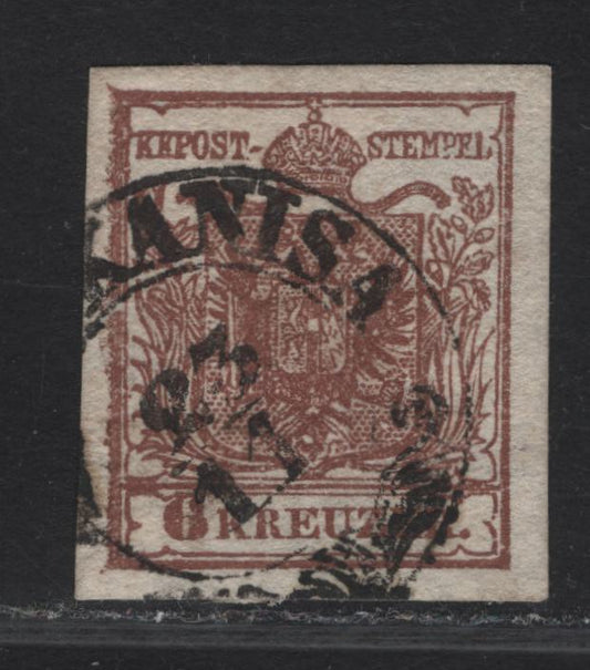 Lot 61 Hungary SC#4 (Austria) 6kr Red Brown Arms, 1850 Arms Issue, A Very Fine Used Imperf Singles, Type 1, Thick Handmade Paper, NAGY Kanisa Postmark.