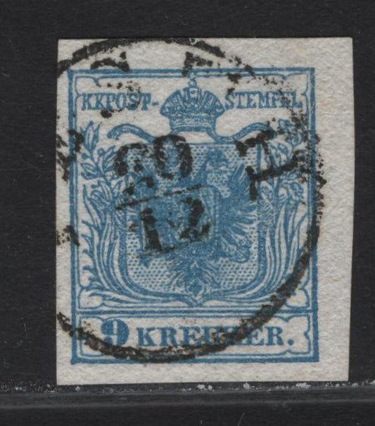 Lot 62 Hungary SC#5e (Austria) 9kr Blue Arms, 1854 Arms Issue, A Very Fine Used Imperf Singles, Type 3 Medium Machine Made Paper, SON Pesth Cancel