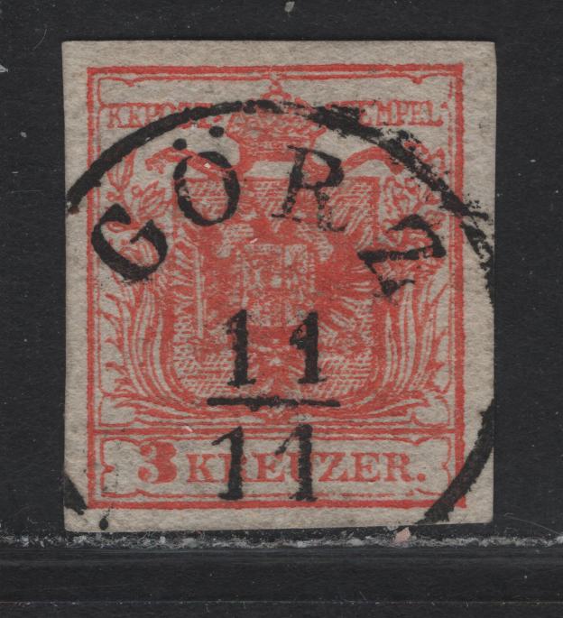 Lot 69 Italy SC#3 (Austria) 3kr Red Arms, 1850 Arms Issue, A Very Fine Used Imperf Single, SON Gorz Cancel, Type III