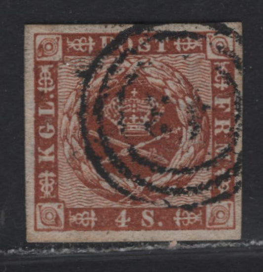 Lot 7 Denmark SC#7b 4s Yellow Brown Arms, 1858-1862 Arms Issue, A Very Fine Used Single, #43 Nakskov Cancel, Wmk 112