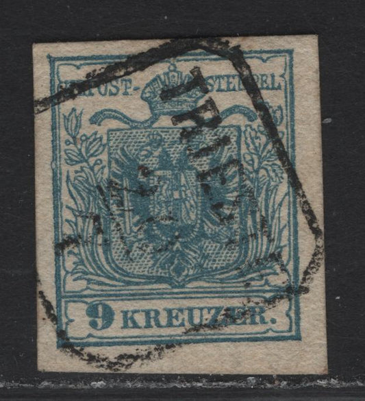 Lot 71 Italy SC#5e (Austria) 9kr Pale Blue Arms, 1850 Arms Issue, A Very Fine Used Imperf Single, Machine Made Paper Type III, Trieste Cancel