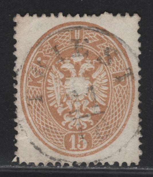 Lot 73 Italy SC#21 (Austria) 15kr Yellow Brown Arms, 1863 Embossed Arms Issue, A Very Fine Used Single, Trieste Cancel, Perf 14