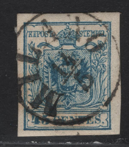Lot 80 Austria - Lombardy Venetia SC#6 45c Blue Arms, 1850 Arms Issue, A Very Fine Used Imperf Single, Type III, SON Milane Cancel