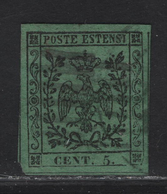 Lot 90 Modena SC#6 5c Black on Green Coat of Arms, 1852-1857 Coat of Arms Issue, A Very Fine Used Imperf Single, Period After Figure Of Value, Nearly Full Margins, Slightly Close At Lower Right.