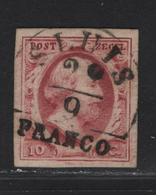 Lot 96 Netherlands SC#2 10c Lake King William III, 1852 King William III Issue, A Very Fine Used Imperf Single, Nearly Full Margins On 2 Sides & Full Margins On 2 Sides