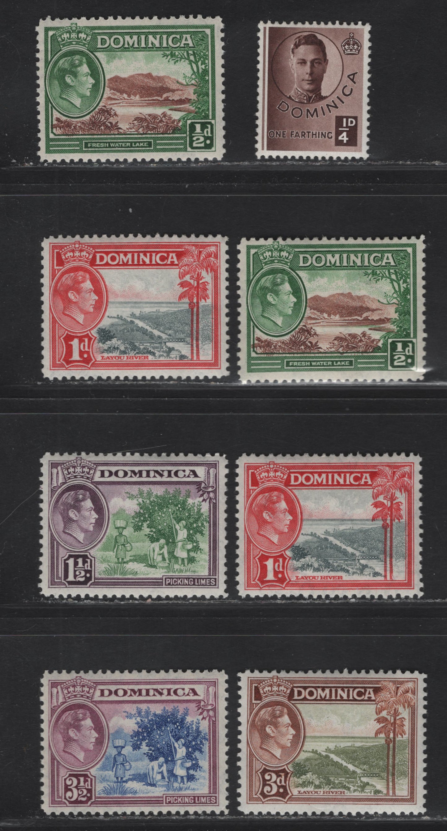 Lot 101 (C) Dominica SG#109a, 99-101, 104-a 1/4d - 3.5d Chocoalte - Ultramarine & Purple Fresh Water Lake - King George VI, 1938-1947 KGVI Issue, 8 VFNH Singles, Watlerlow Pictorial Issue, Wartime Printings With Different Shades, 1/4d On Ordinary Paper.
