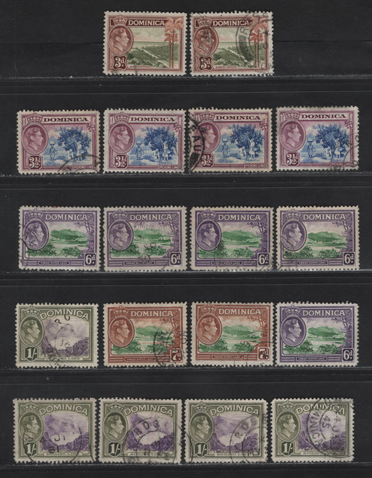 Lot 104 Dominica SG#104-a, 105-106 3d - 1/- Olive Green & Brown - Violet & Olive Green Layou River - Boiling Lake, 1938-1947 KGVI Pictorial Issue, 18 Fine/Very Fine Used Singles, A Selection Of Wartime & Postwar Printings, Showing Different Shades