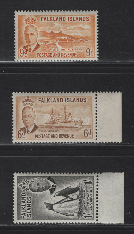 Falkland Islands SG#178-180 6d - 9d Bistre Brown - Orange Yellow & Black John Biscoe - Gentoo Penguins, 1952 KGVI Pictorial Issue, 3 VFNH Singles