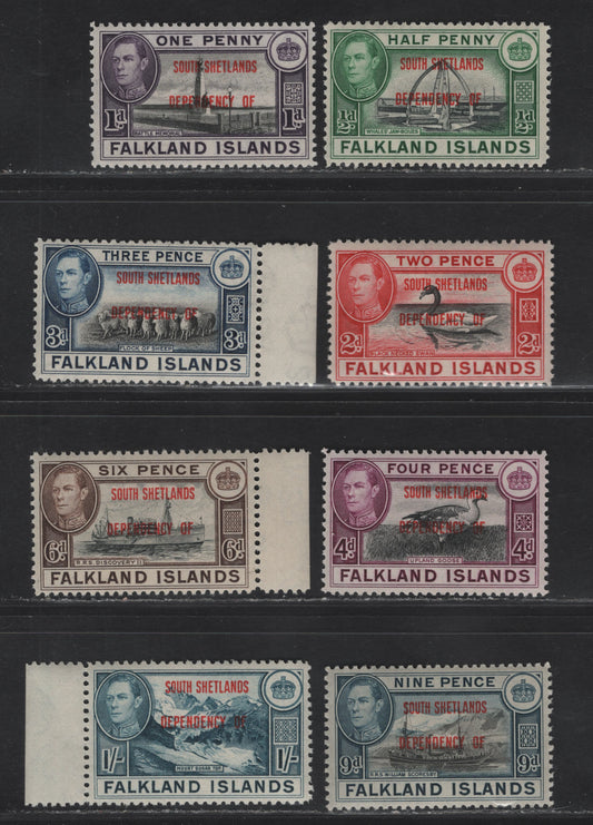 Falkland Islands Dependencies SG#D1-D8 1/2d - 1/- Black & Green - Deep Blue Whaltes Jawbone - Mount Sugar Top, 1944-1945 KGVI Pictorial Overprints, 8 VFNH Singles, South Shetlands, Basic Set Of Overprints