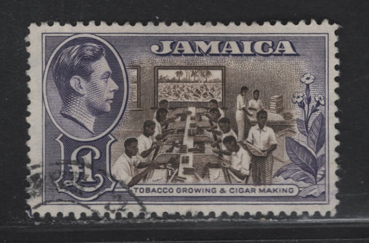 Lot 160 (C) Jamaica SG#133a £1 Chocolate & Violet Tobacco Growing & Cigar Making, 1938-1952 KGVI Pictorial Issue, A Fine Used Single