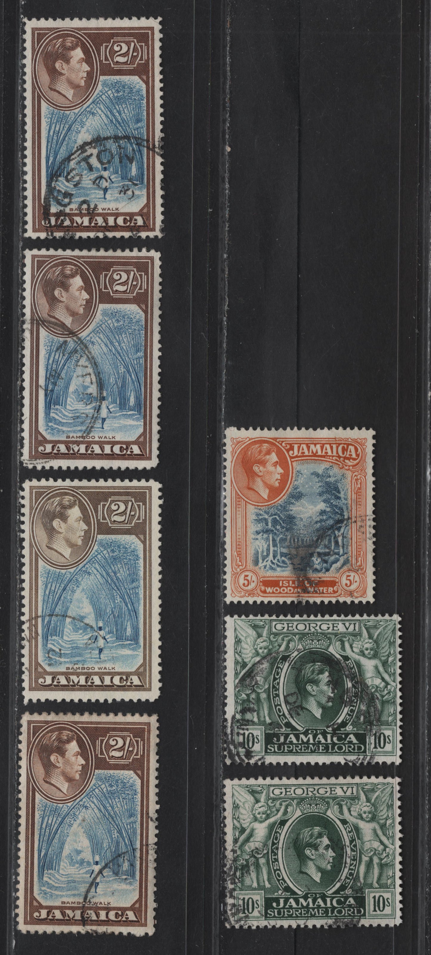 Lot 161 Jamaica SG#131-133, 133aa 2/- - 10/- Blue & Chocolate - Myrtle Green Bamboo Walk - Tobacco Growing, 1938-1952 KGVI Pictorial Issue, 7 Fine/Very Fine Used Singles, 10/- Are perfs 14 & 13, 5/- Comb Perf 14