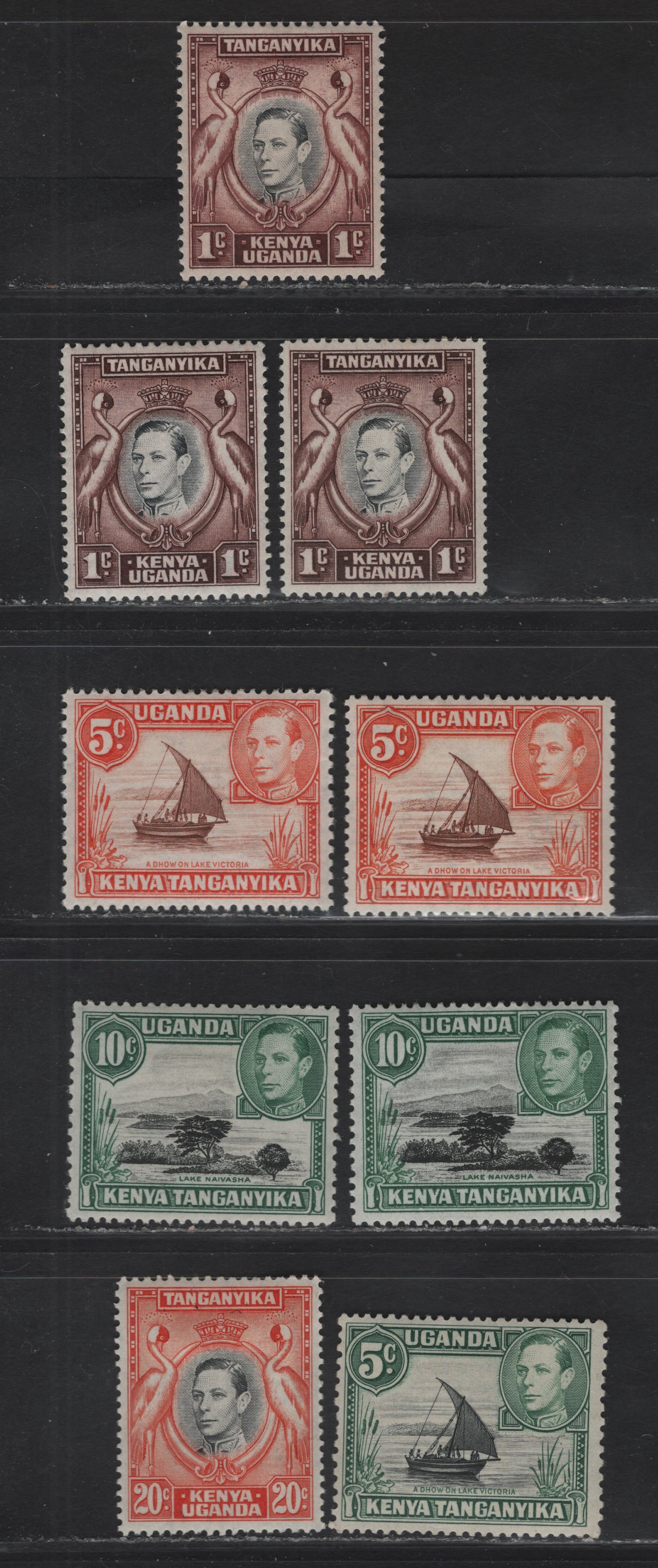 Lot 162 (C) K.U.T SG#131-a, 132, 133-a, 135,d, 139b 1c - 20c Black & Red Brown - Black & Orange South African Crowned Cranes - Lake Naivasha, 1938-1954 KGVI Pictorial Issue, 9 F/VFOG Singles, Various Perfs