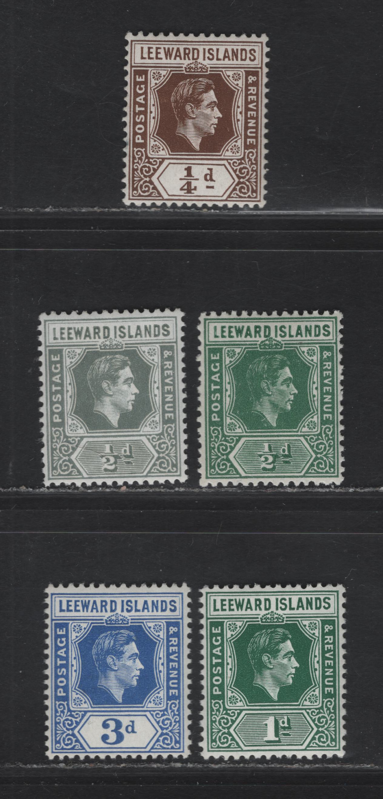 Lot 164 Leeward Islands SG#95a, 96-97, 100, 108 1/4d - 3d Brown - bright Blue King George VI, 1938-1951 KGVI Keyplate Issue, 5 F/VFNh Singles, Mostly Chalky Paper