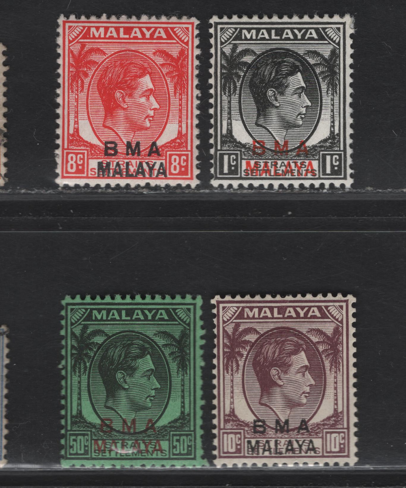 Lot 169 Malaya - British Military Admin SG#1b, 7, 8b, 14 1c - 50c Black - Black on Emerald King George VI, 1948-1948 BMA Overprinted Issue, 4 F/VFOG Singles, All Ordinary Paper Except 10c Which Is Chalky
