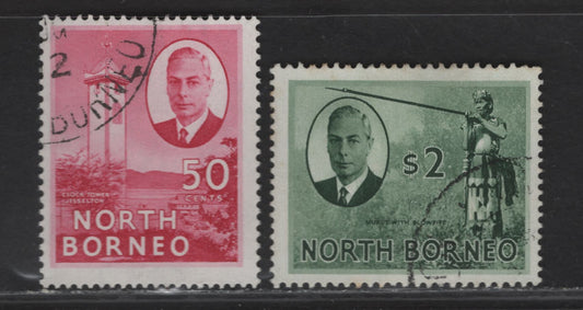 Lot 176 (C) North Borneo SG#366a, 368 50c - $2 Rose Carmine - Gray Green Clock Tower Jesselton - Murut, 1950-1952 KGVI Photogravure Pictorial Issue, 2 Fine Used Singles