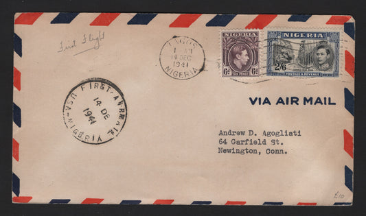 Lot 177 Nigeria SG#55, 58 6d - 2/6 Deep Plum - Black & Blue King George VI - Victoria-Buea Road, 1938-1951 KGVI Pictorial Issue, A Fine/Very Fine Used Cover, Combination Usage On December 1941 First Flight Cover to USA, Perf 13x11.5