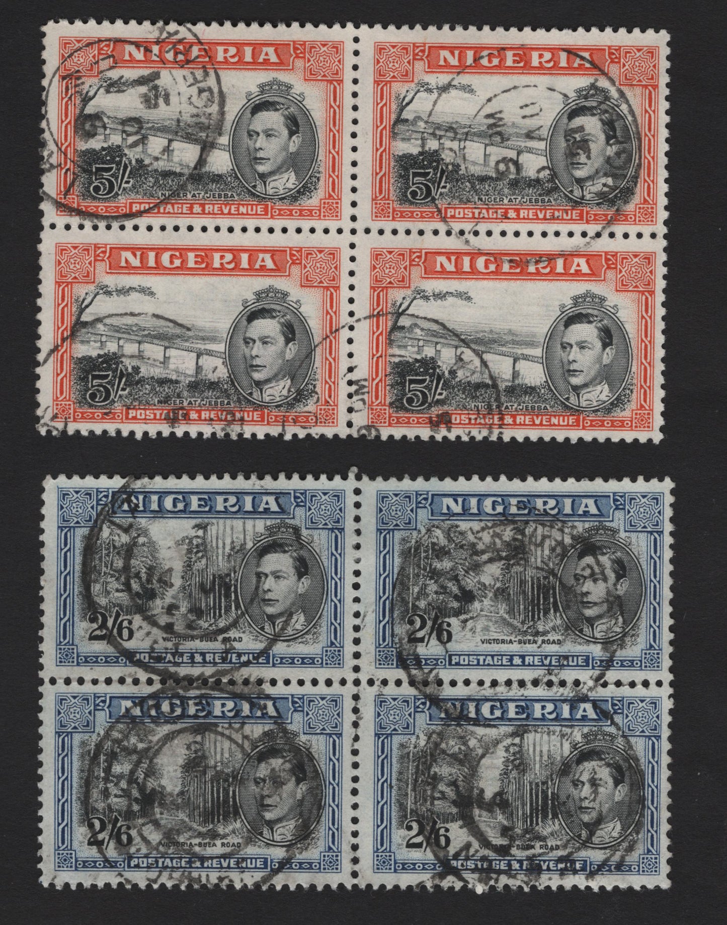 Lot 178 (C) Nigeria SG#58c, 59c 2/6 - 5/- Black & Blue - Black & Orange Victoria-Buea Road - River Niger, 1938-1951 KGVI Pictorial Issue, 2 Fine Used Blocks Of 4, Perf 12