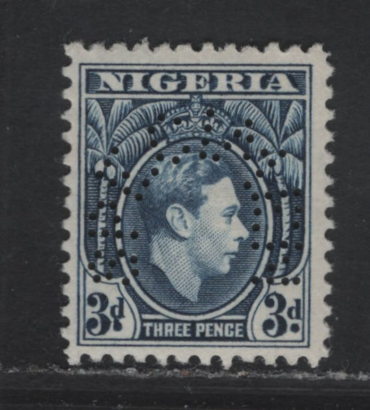 Lot 179 Nigeria SG#53s 3d Dark Blue King George VI, 1938-1951 KGVI Pictorial Issue, A FNH Single, Horseshoe Specimen Perfin, Scarce, As No More Than 400 Were Originally Printed.