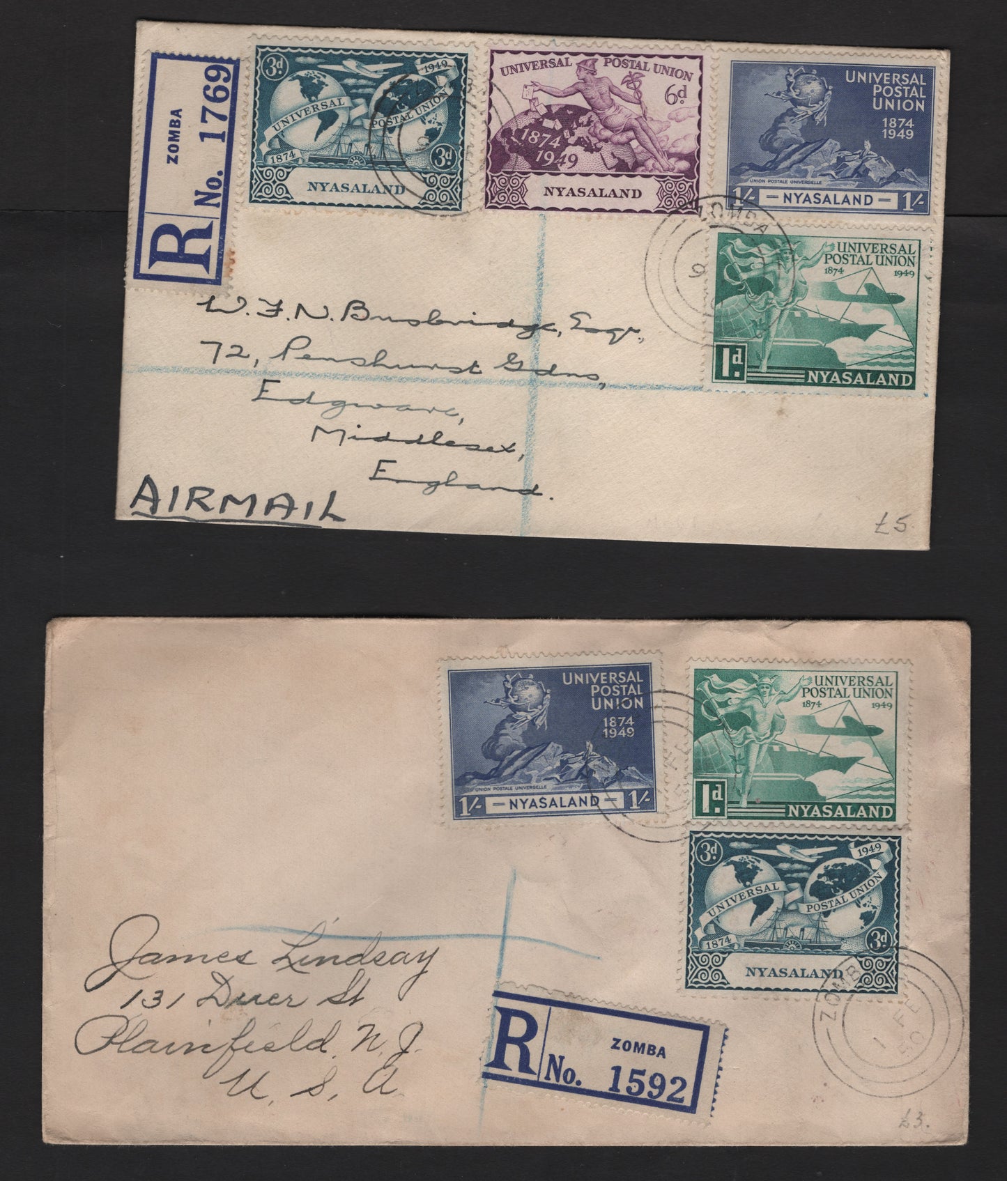 Lot 182 Nyasaland SG#163-166 1d - 1/- Blue Green - Ultramarine Hermes - Monument, 1949 UPU Issue, 2 Very Fine Used Covers, Two Registered Covers To USA & UK, Both Sent In 1950, One Sent Airmail, Though Likely Both.