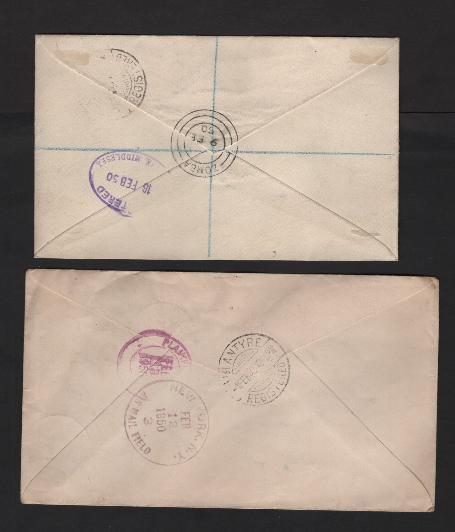 Lot 182 Nyasaland SG#163-166 1d - 1/- Blue Green - Ultramarine Hermes - Monument, 1949 UPU Issue, 2 Very Fine Used Covers, Two Registered Covers To USA & UK, Both Sent In 1950, One Sent Airmail, Though Likely Both.