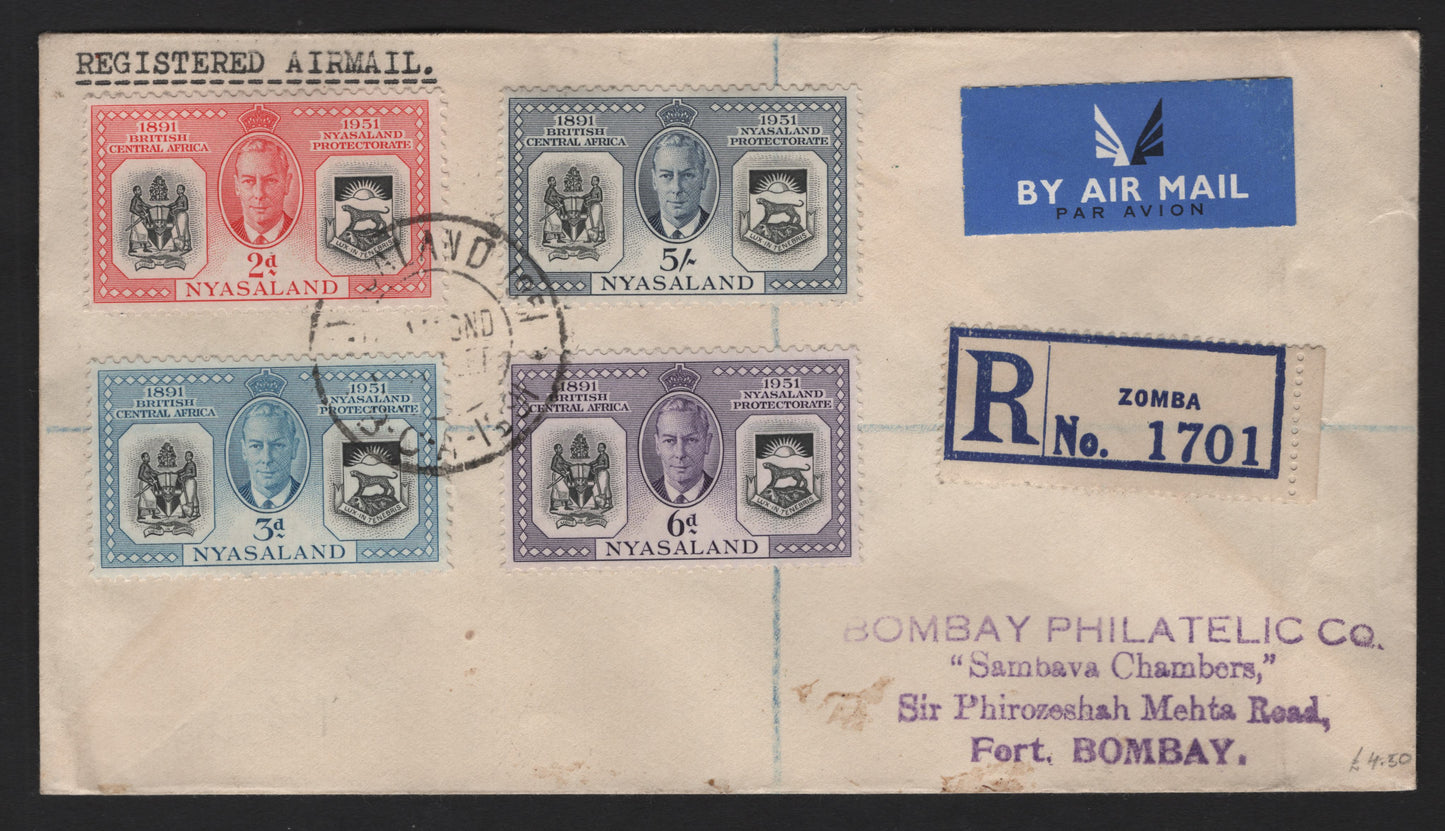 Lot 183 Nyasaland SG#167-170 2d - 5/- Black & Scarlet - Black & Indigo Arms In 1891 & 1951, 1951 Diamond Jubilee Of Protectorate Issue, A Fine/Very Fine Used Cover Philatelic Registered Airmail Cover, Few Small Stains Around The Address,