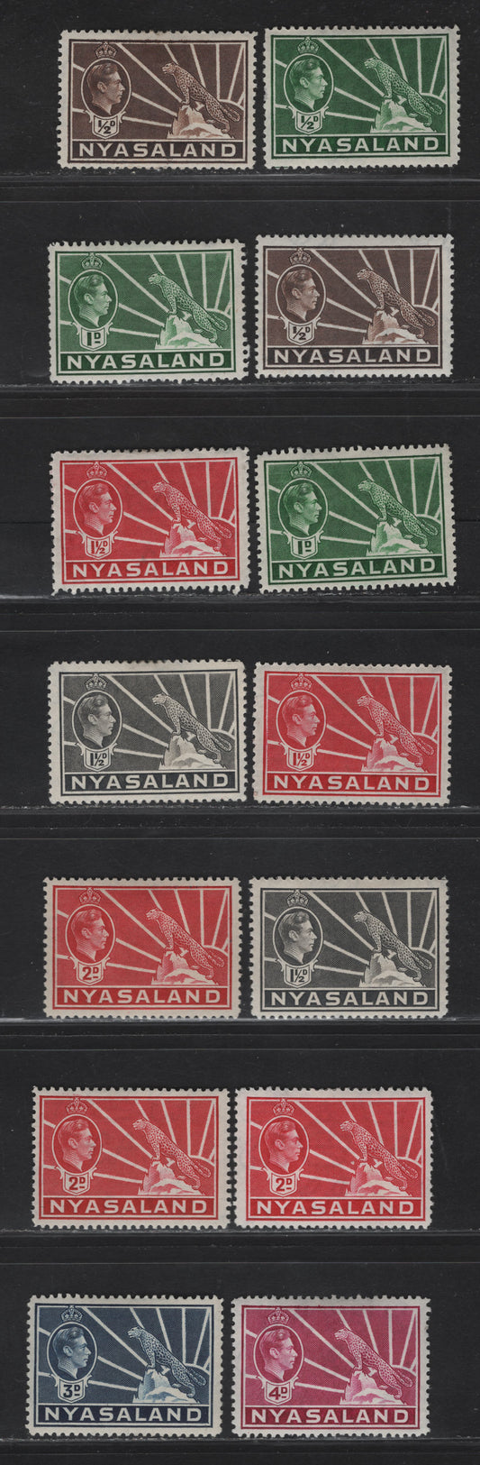 Lot 184 Nyasaland SG#130-a, 131b, 132-a, 133a, 134-135 1/2d - 4d Green - Bright Magenta Symbol of the Protectorate, 1938-1944 Symbol of the Protectorate Issue, 14 F/VFOG Singles, Selection of 1938 & Wartime Printings, Slightly Different Shades
