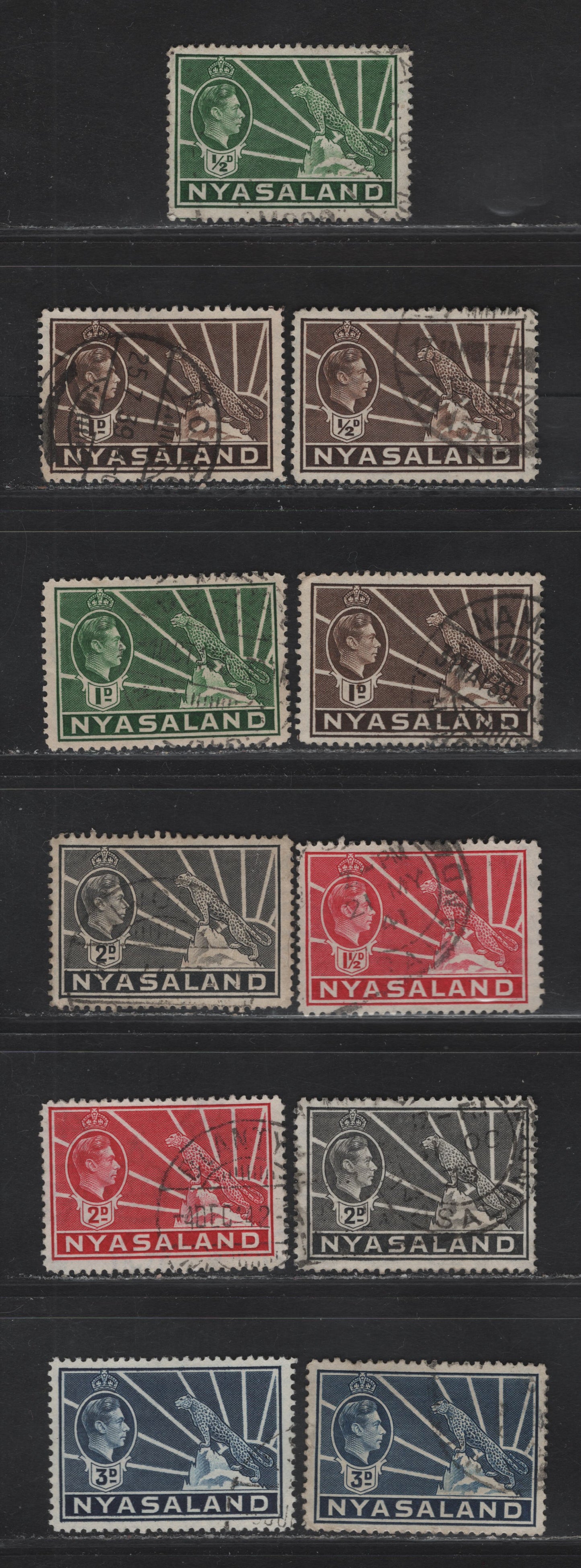Lot 185 Nyasaland SG#130-a, 131,b, 132, 133-a, 134 1/2d - 3d Green - Blue Symbol of the Protectorate, 1938-1944 Symbol of the Protectorate Issue, 11 Fine/Very Fine Used Singles, Various Printings