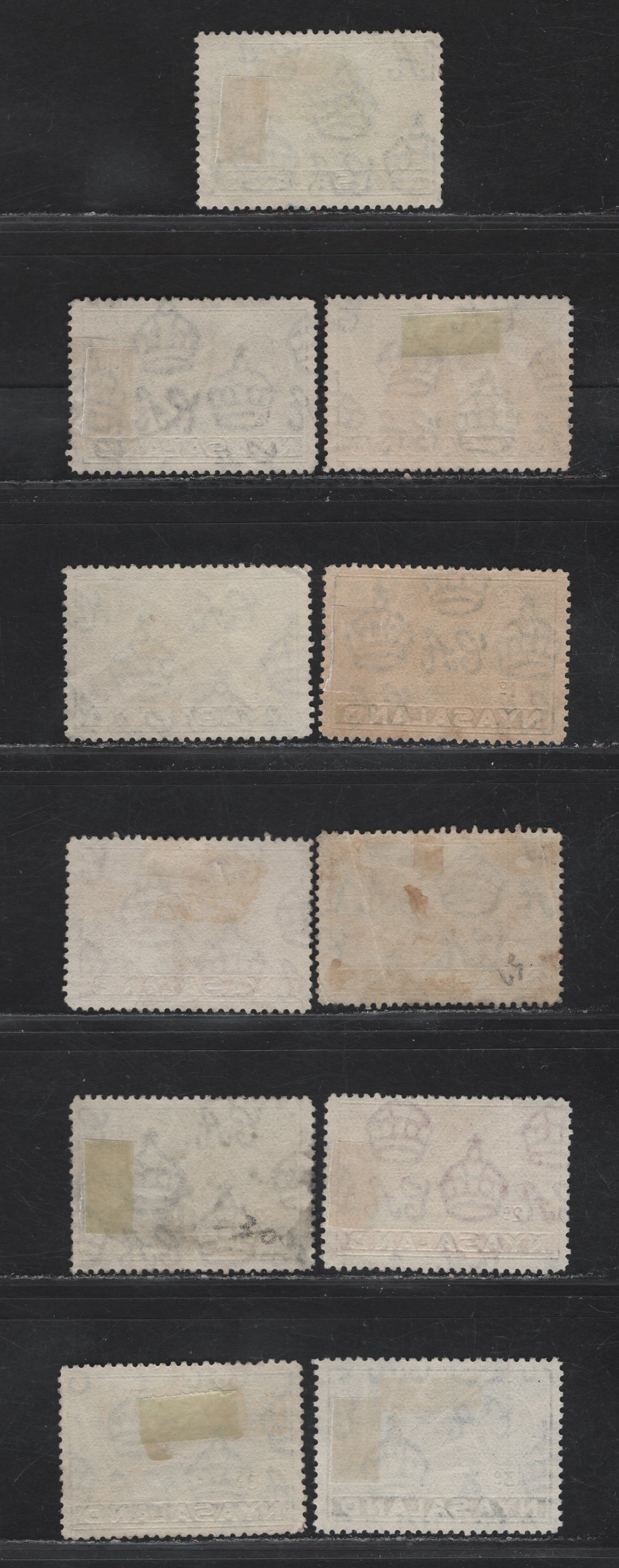 Lot 185 Nyasaland SG#130-a, 131,b, 132, 133-a, 134 1/2d - 3d Green - Blue Symbol of the Protectorate, 1938-1944 Symbol of the Protectorate Issue, 11 Fine/Very Fine Used Singles, Various Printings