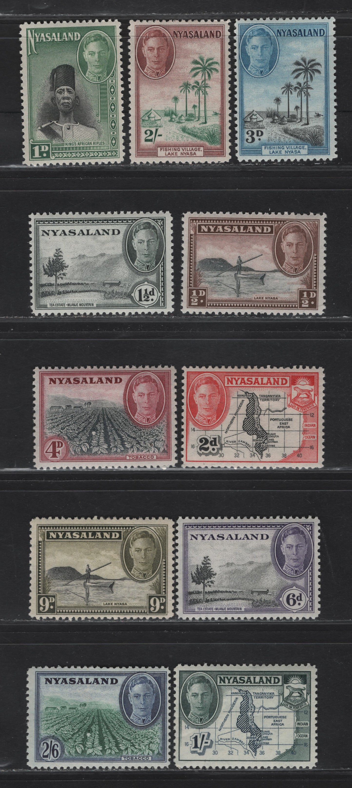 Lot 186 Nyasaland SG#144-154 1/2d - 2/6 Black & Chocolate - Emerald & Blue Lake Nyasa - Tobacco, 1945-1952 KGVI Pictorial Issue, 11 F/VFOG Singles