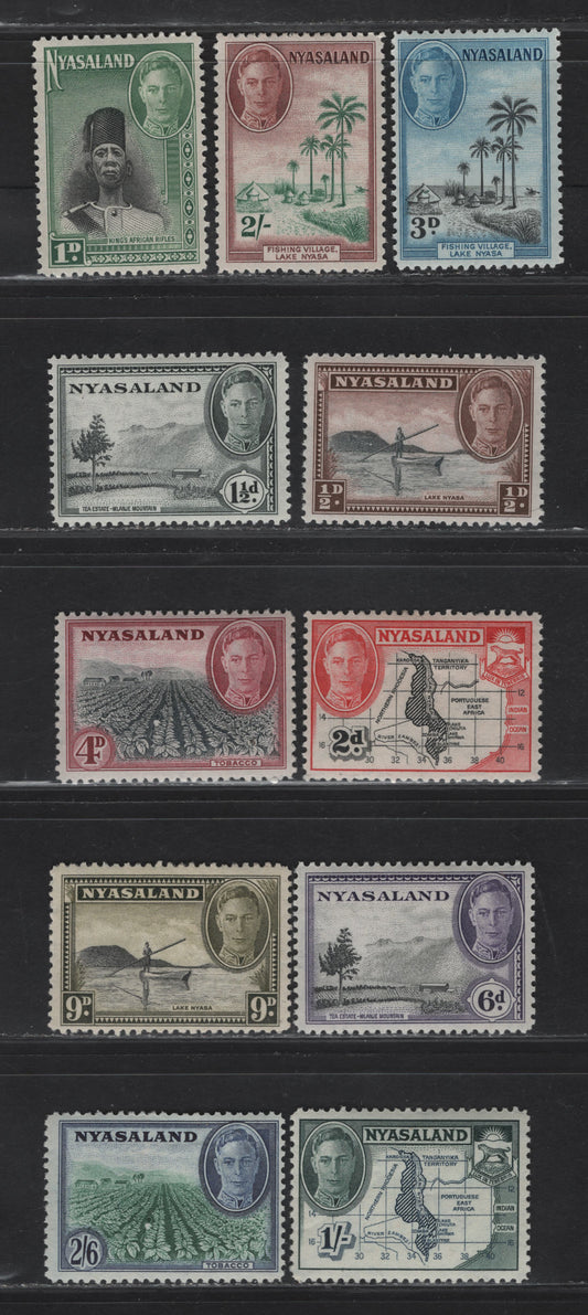 Lot 186 Nyasaland SG#144-154 1/2d - 2/6 Black & Chocolate - Emerald & Blue Lake Nyasa - Tobacco, 1945-1952 KGVI Pictorial Issue, 11 F/VFOG Singles