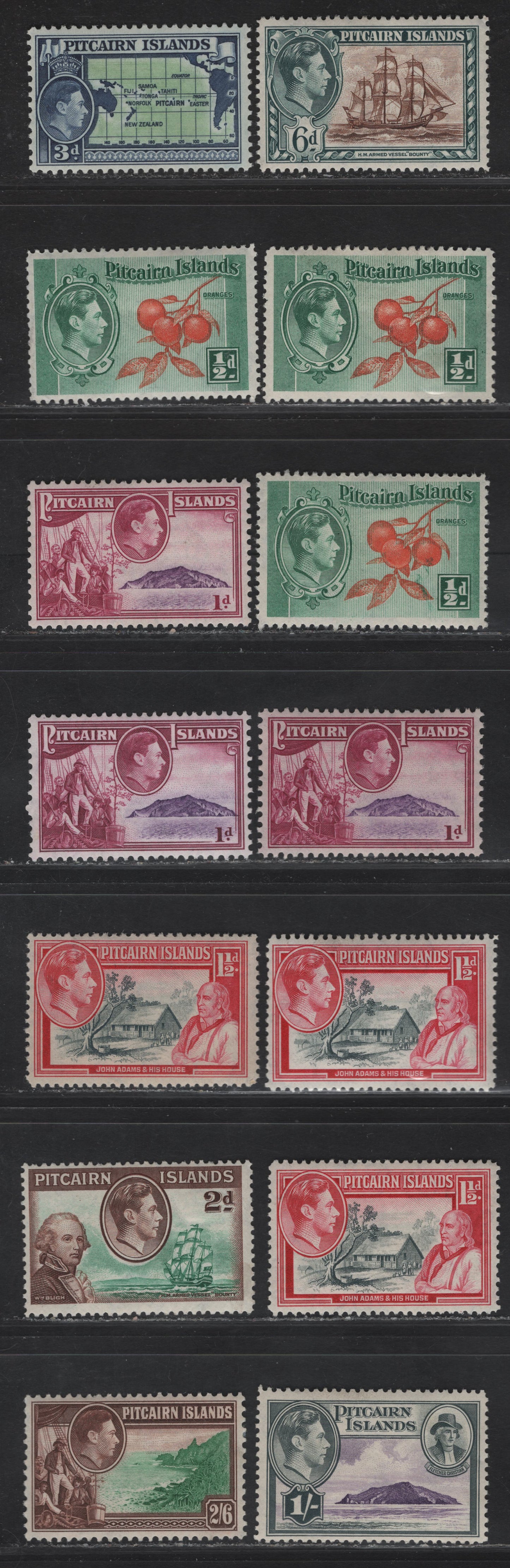 Lot 192 (C) Pitcairn Islands SG#1-8 1/2d - 2/6 Orange & Green - Green & Brown Cluster of Oranges - Christian on HMS Bounty, 1938-1951 KGVI Pictorial Issue, 14 F/VFOG Singles, Selection of Different Printings