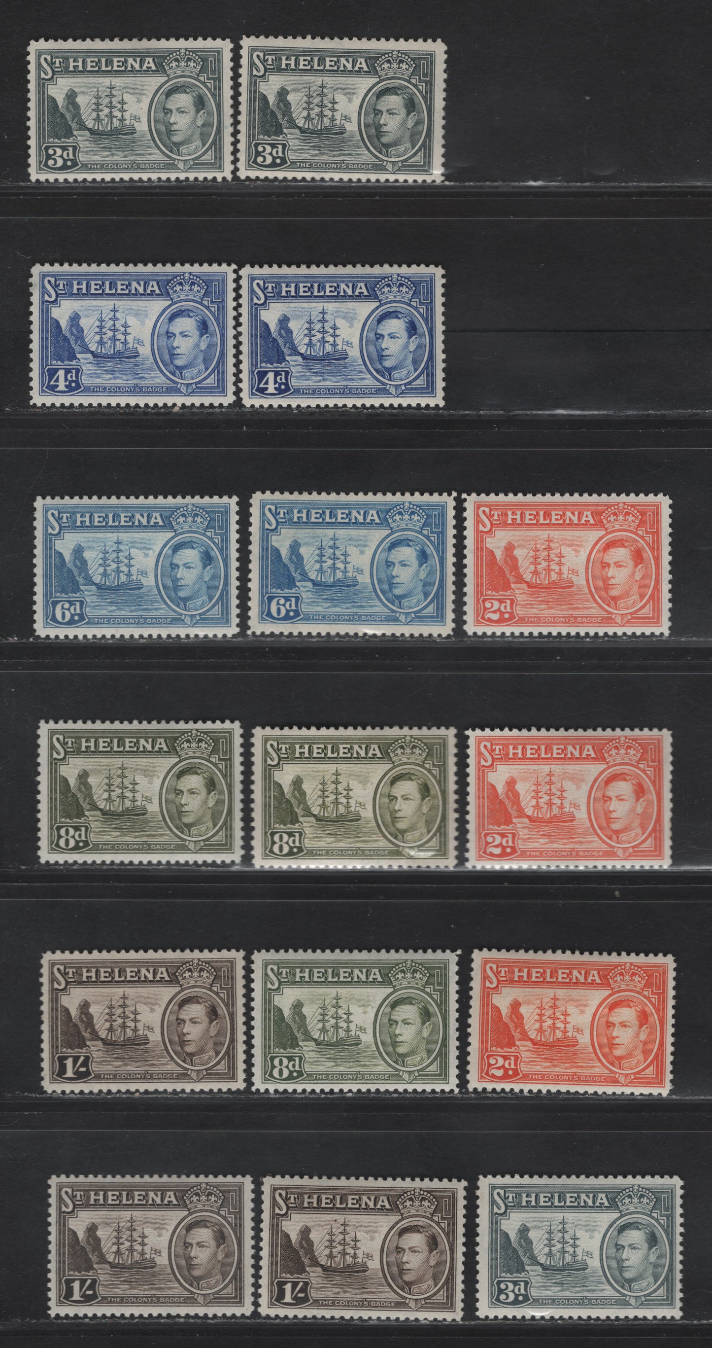 Lot 194 (C) St Helena SG#134-137, 136b 2d - 1/- Red Orange - Sepia Badge of St Helena, 1938-1944 Badge of St Helena Issue, 16 VFOG Singles, Different Printings & Shades