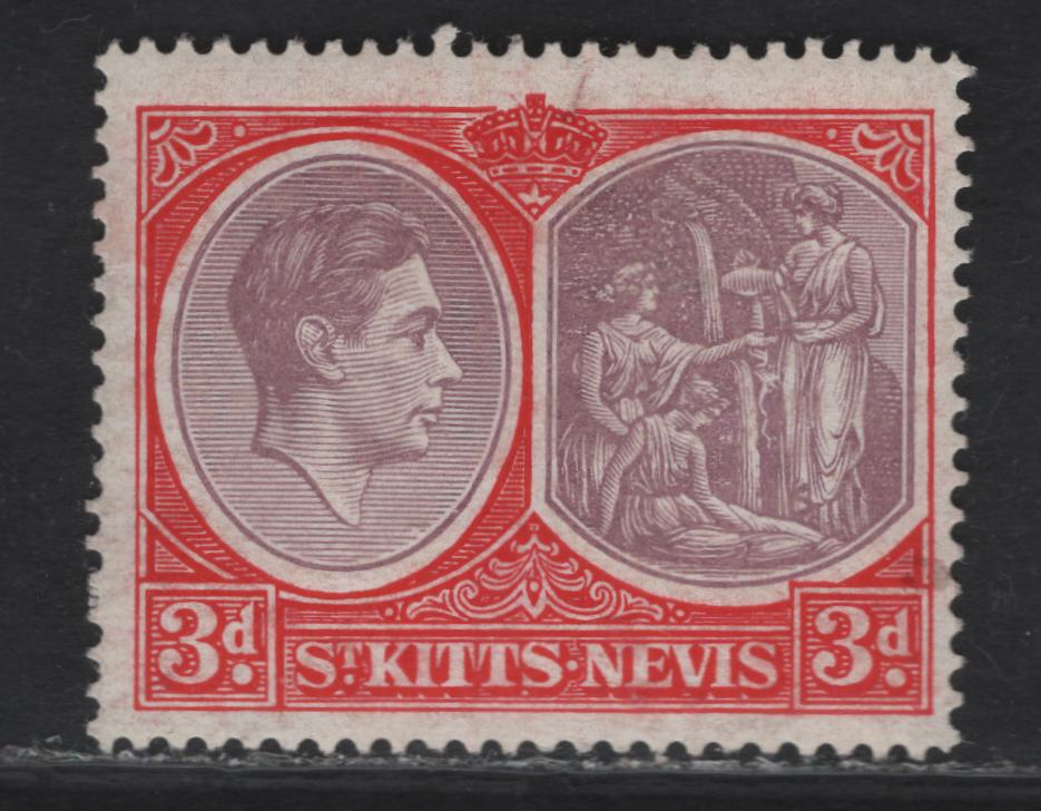 Lot 196 (C) St Kitts & Nevis SG#73d 3d Purple & Bright Scarlet King George VI & Medicinal Spring, 1938-1950 KGVI Keyplates Issue, A VFOG Single, Ordinary Paper, Perf 14