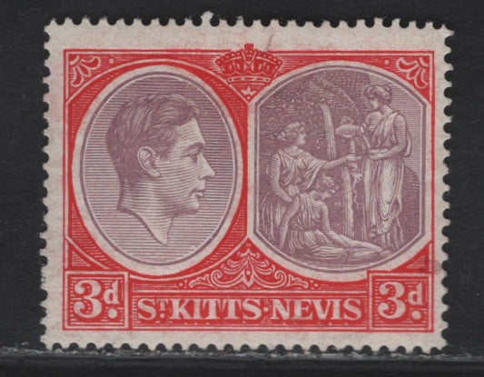 (C) St Kitts & Nevis SG#73d 3d Purple & Bright Scarlet King George VI & Medicinal Spring, 1938-1950 KGVI Keyplates Issue, A VFOG Single, Ordinary Paper, Perf 14