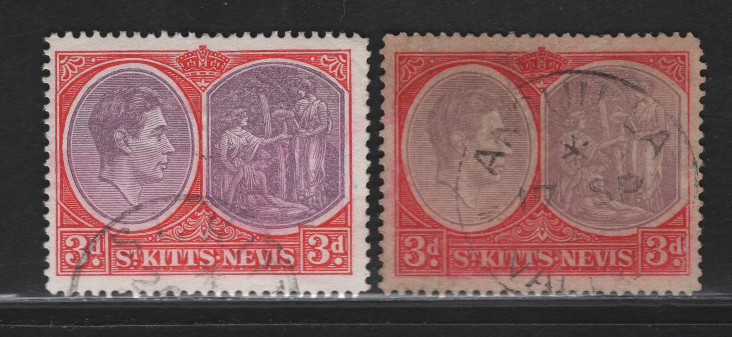 Lot 198 (C) St Kitts & Nevis SG#73c-d 3d Purple & Bright Scarlet - Reddish Lilac & Scarlet King George VI & Medicinal Spring, 1938-1950 KGVI Keyplates Issue, 2 Fine/Very Fine Used Singles, Perf 14, Ordinary Paper