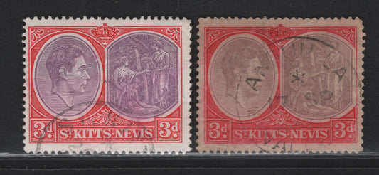 Lot 198 (C) St Kitts & Nevis SG#73c-d 3d Purple & Bright Scarlet - Reddish Lilac & Scarlet King George VI & Medicinal Spring, 1938-1950 KGVI Keyplates Issue, 2 Fine/Very Fine Used Singles, Perf 14, Ordinary Paper