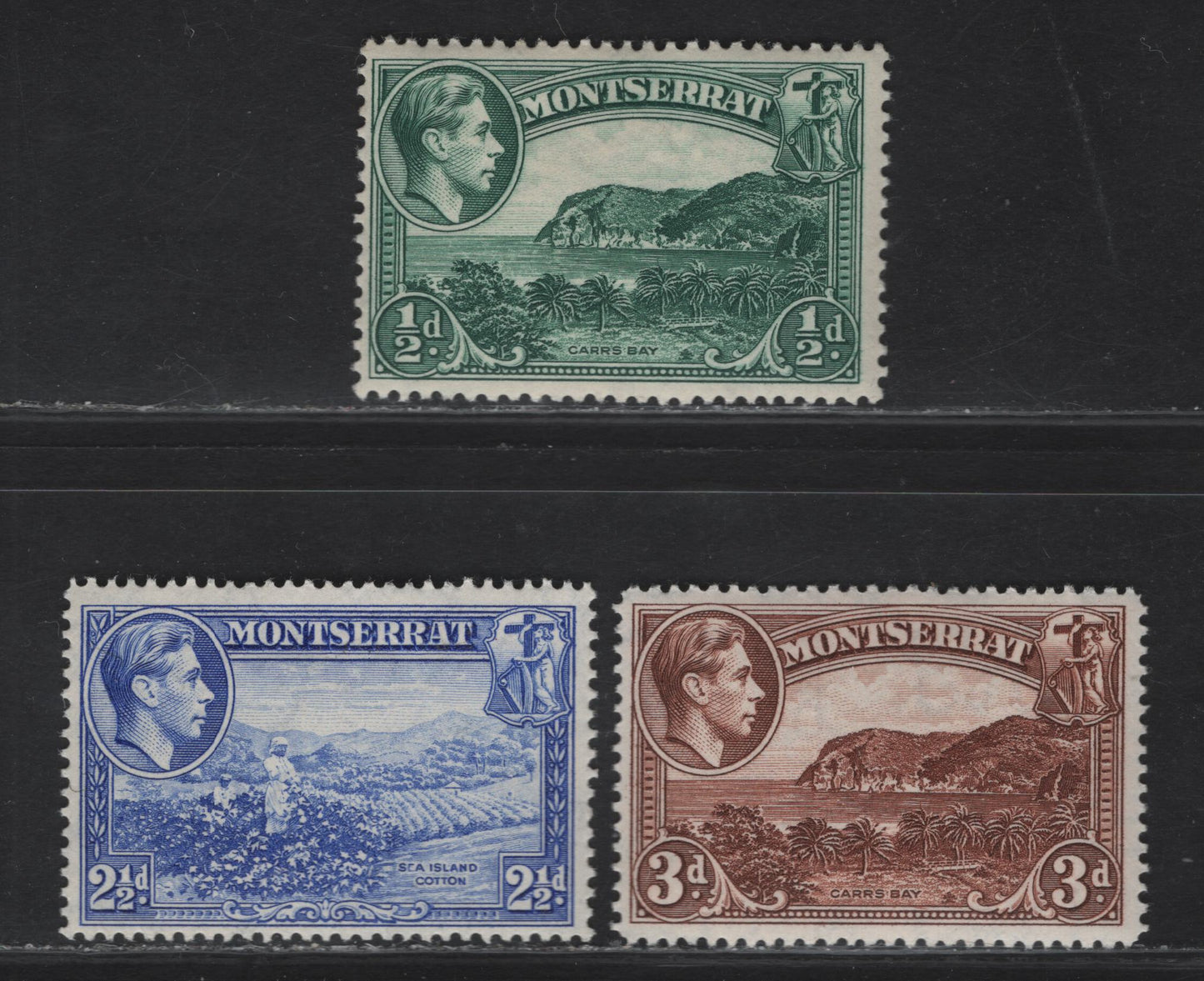Lot 202 Montserrat SG#101, 105a, 106ab 1/2d - 2.5d Blue Green - Deep Brown Carr's Bay - Sea Island Cotton, 1938-1948 KGVI Pictorial Issue, 3 F/VFNH Singles, 1/2d Is Perf 13, Rest Are Perf 14, 1938 & 1942 Printings