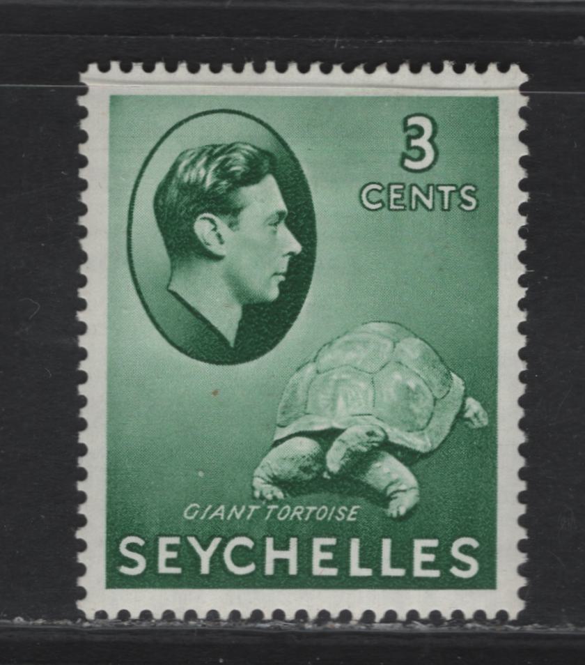 Lot 207 (C) Seychelles SG#136 3c Green Giant Tortoise, 1938-1949 KGVI Photogravure Pictorial Issue, A FOG Single, Chalky Paper